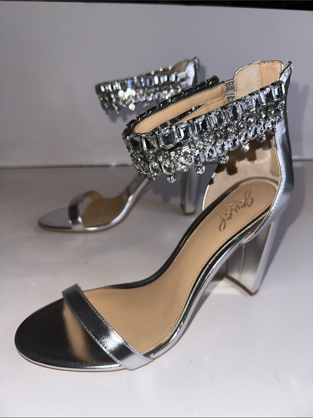 Jewel Badgley Mischka Silver Crystal-Embellished Ankle-Strap Heels
